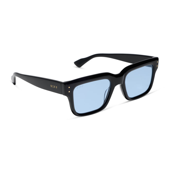 diff eyewear featuring the cash  sunglasses with a black acetate frame and light blue tint lenses angled view