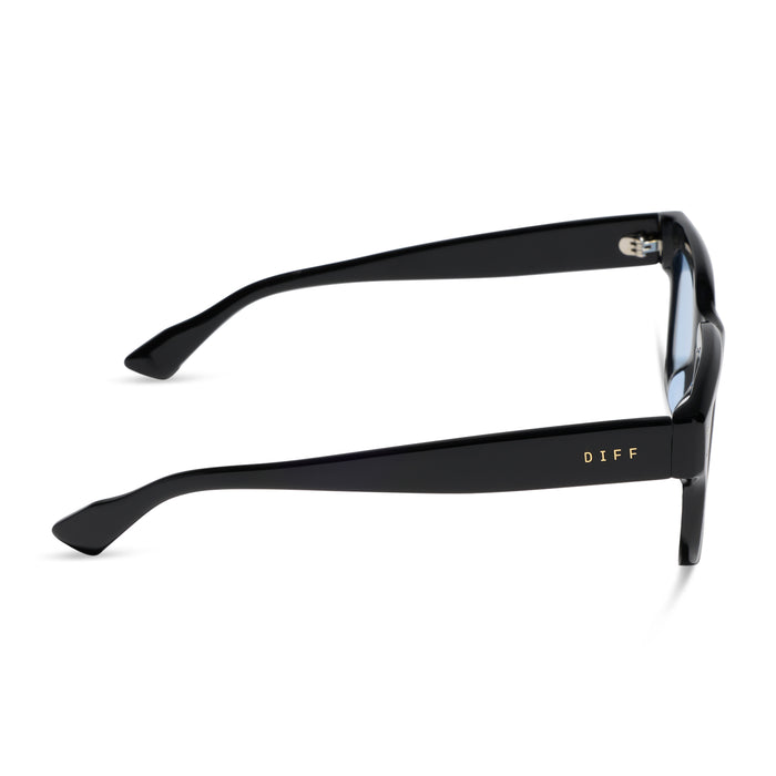 diff eyewear featuring the cash  sunglasses with a black acetate frame and light blue tint lenses side view