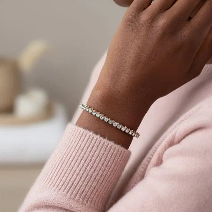 Catch-Free Crystal Rhinestone Tennis Bracelet Bangle worn on a hand, showcasing brilliant rhinestones and elegant design.