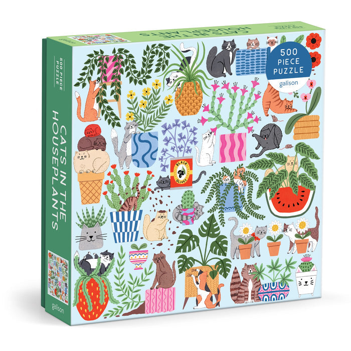 The Holly Maguire Cats in the Houseplants 500 Piece Puzzle features illustrated cats relaxing among colorful houseplants, cacti, and fruits on a light blue background.