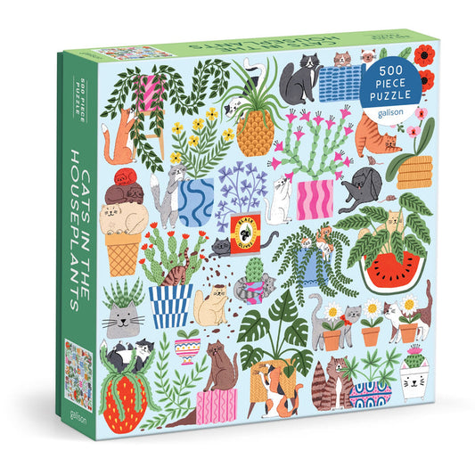 The Holly Maguire Cats in the Houseplants 500 Piece Puzzle features illustrated cats relaxing among colorful houseplants, cacti, and fruits on a light blue background.