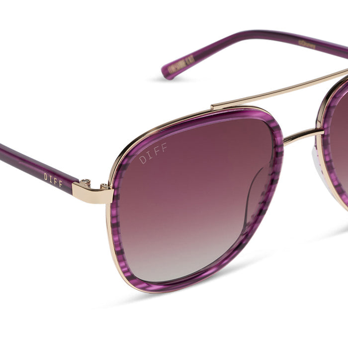 diff eyewear x disney alice in wonderland cheshire cate oversized navigator sunglasses with a purple frame and pink gradient lenses detailed view