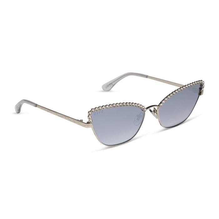 diff eyewear x disney princess featuring the cinderella 2.0 cateye sunglasses with a silver metal frame and grey gradient silver flash lenses angled view