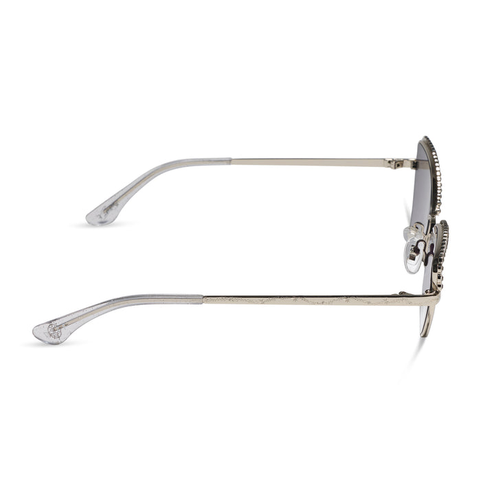 diff eyewear x disney princess featuring the cinderella 2.0 cateye sunglasses with a silver metal frame and grey gradient silver flash lenses side view