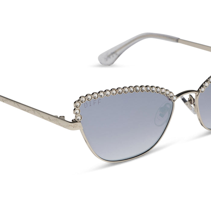 diff eyewear x disney princess featuring the cinderella 2.0 cateye sunglasses with a silver metal frame and grey gradient silver flash lenses detailed view