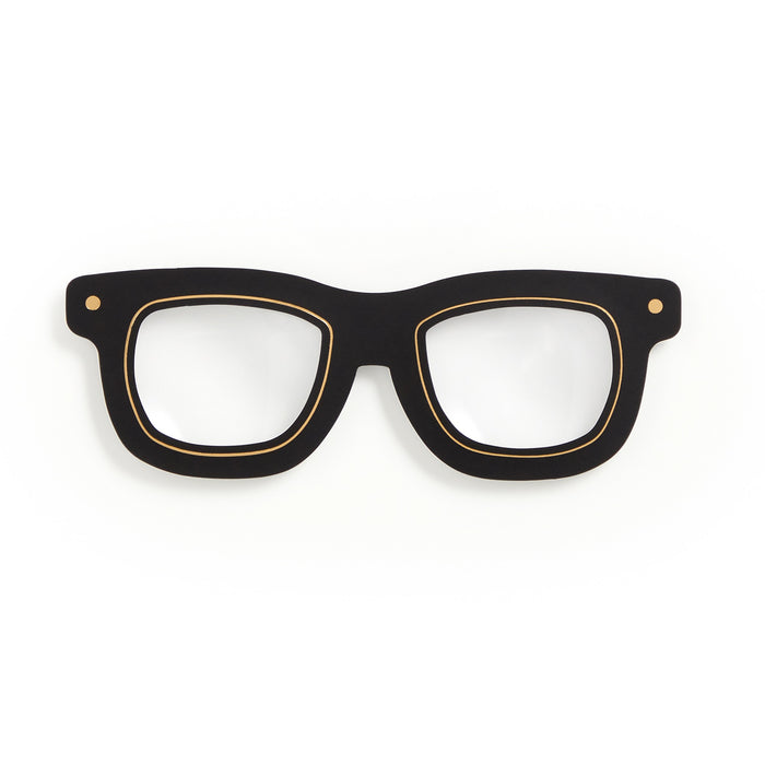 The Galison Classic Readers Bookmark with Magnifier features thick black frames and clear lenses shaped like wayfarer glasses—an eye-catching and practical bookmark for your favorite books.