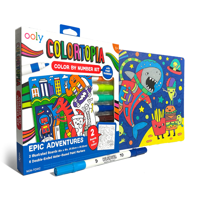Quarter angle of packaging and paint card from OOLY Colortopia Color By Number Paint Marker Kit - Epic Adventures