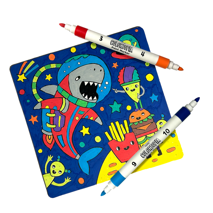 Finished paint card of shark and food characters with paint markers from OOLY Colortopia Color By Number Paint Marker Kit - Epic Adventures