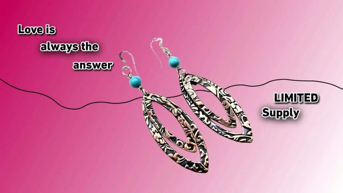 Copper Embossed Pointed Oval Turquoise Bead Earrings displayed on a pink background with text overlay.