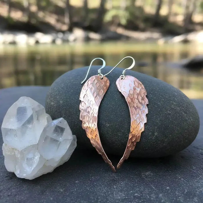 Copper Hammer Pattern Sculpted Angel Wings Earrings