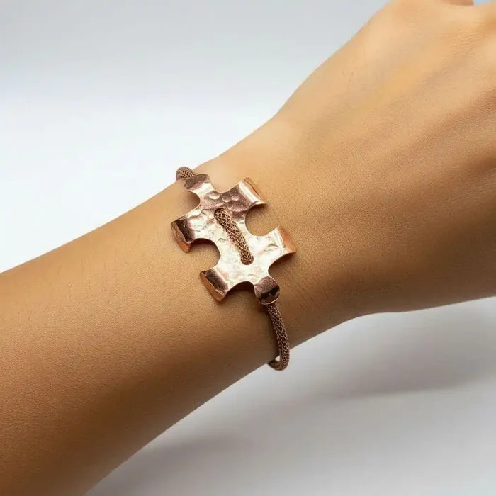 Copper Puzzle Piece Button Viking Knit Autism Awareness Bracelet - Alexa Martha Designs