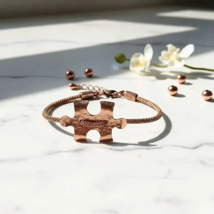 Copper Puzzle Piece Button Viking Knit Autism Awareness Bracelet - Alexa Martha Designs