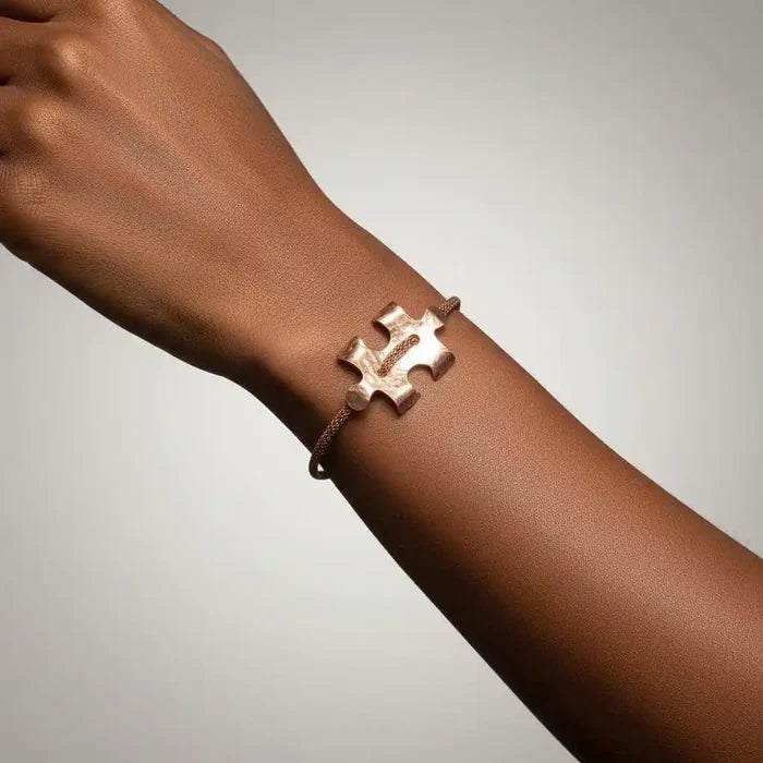 Copper Puzzle Piece Button Viking Knit Autism Awareness Bracelet - Alexa Martha Designs