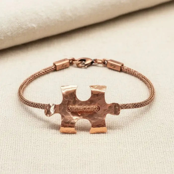 Copper Puzzle Piece Button Viking Knit Autism Awareness Bracelet - Alexa Martha Designs