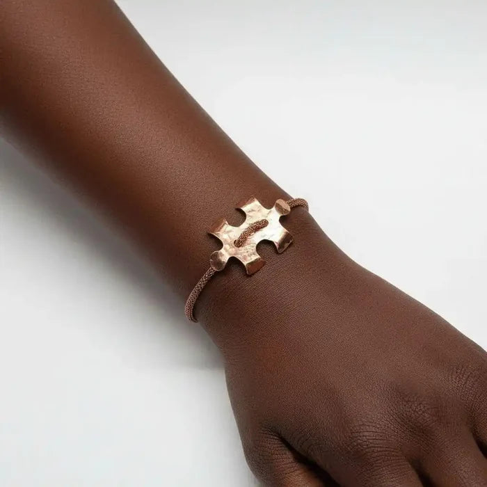 Copper Puzzle Piece Button Viking Knit Autism Awareness Bracelet - Alexa Martha Designs