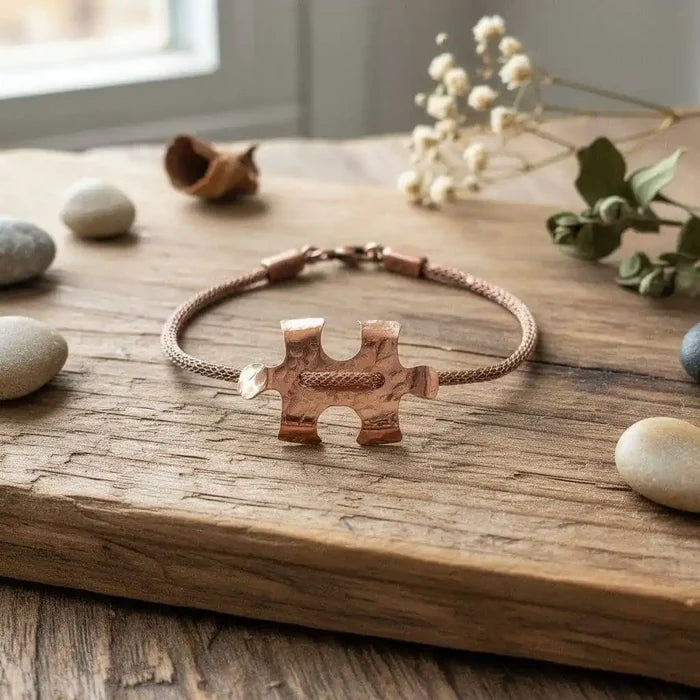 Copper Puzzle Piece Button Viking Knit Autism Awareness Bracelet - Alexa Martha Designs