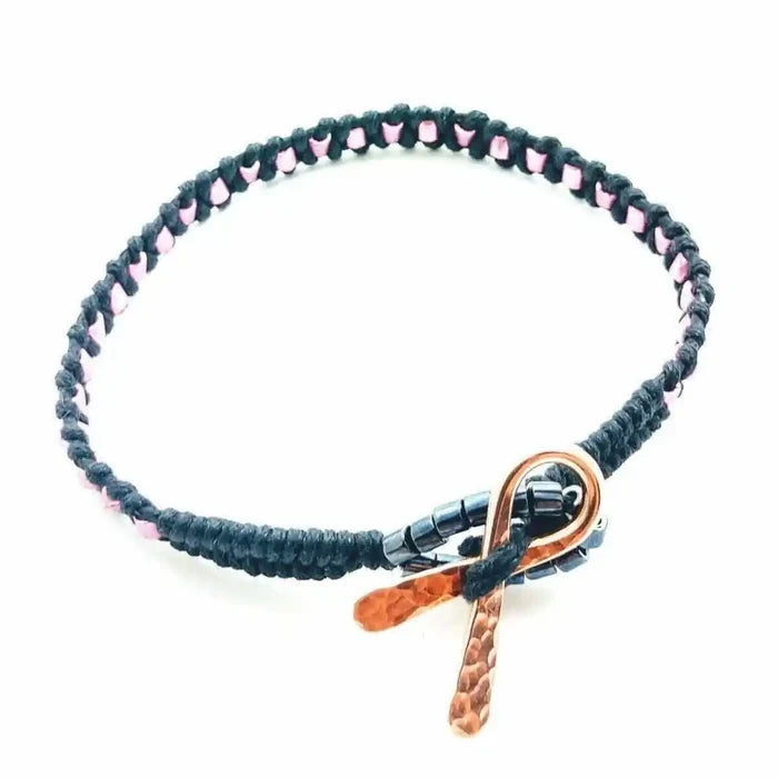 Copper Ribbon Black Pink Braided Breast Cancer Bracelet showcasing a unique design with handcrafted copper elements and vibrant colors.