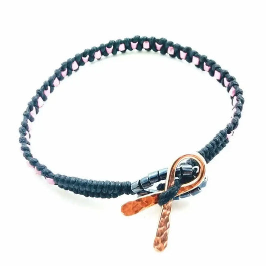 Copper Ribbon Black Pink Braided Breast Cancer Bracelet showcasing a unique design with handcrafted copper elements and vibrant colors.