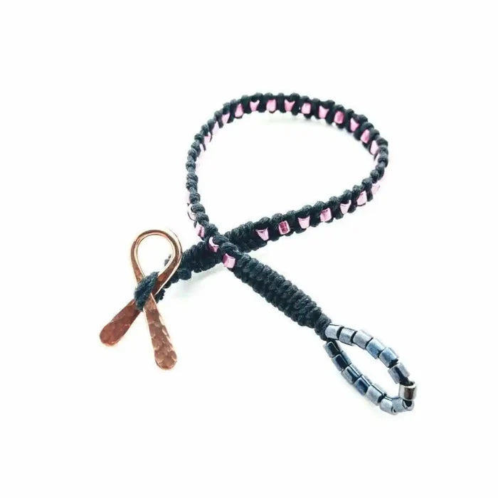 Copper Ribbon Black Pink Braided Breast Cancer Bracelet showcasing a braided design with copper accents and pink beads.