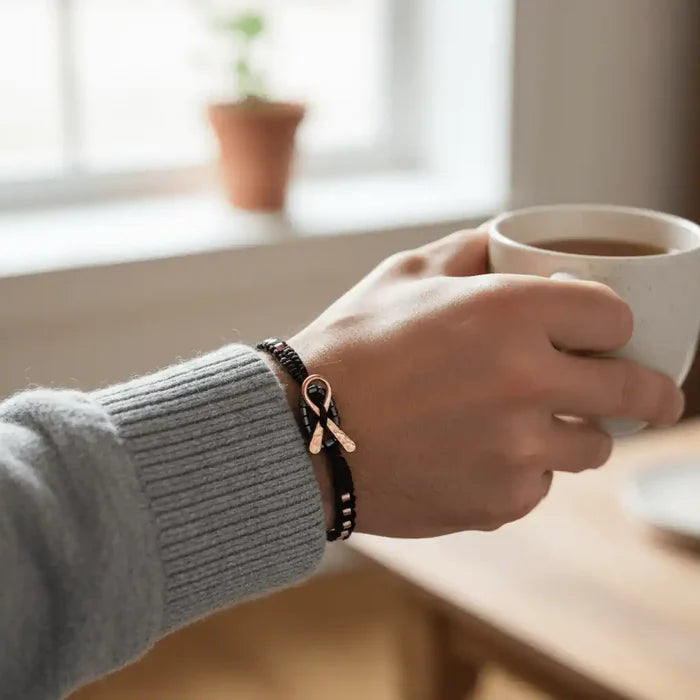 Copper Ribbon Black Pink Braided Breast Cancer Bracelet worn on wrist while holding a cup of coffee.