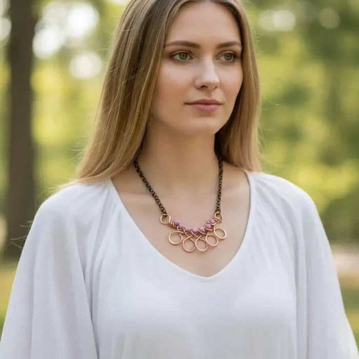 Copper Wire Wrapped Sculpted Pink Gemstone Necklace
