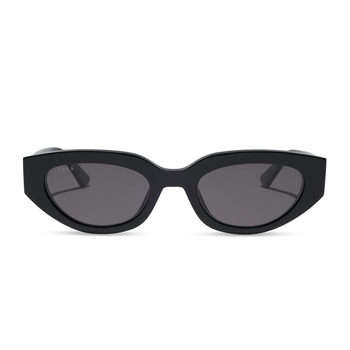 diff eyewear x jessie james decker crystal cat eye sunglasses with a black acetate frame and grey polarized lenses front view