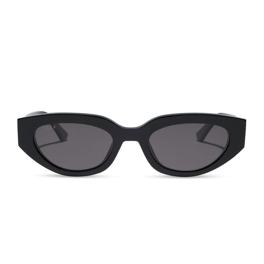 diff eyewear x jessie james decker crystal cat eye sunglasses with a black acetate frame and grey polarized lenses front view