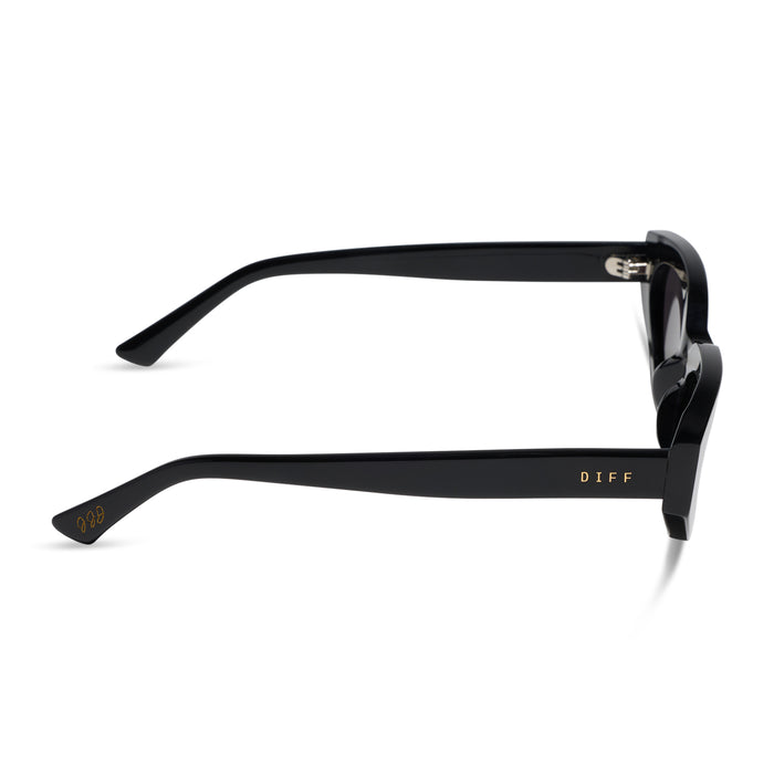 diff eyewear x jessie james decker crystal cat eye sunglasses with a black acetate frame and grey polarized lenses side view