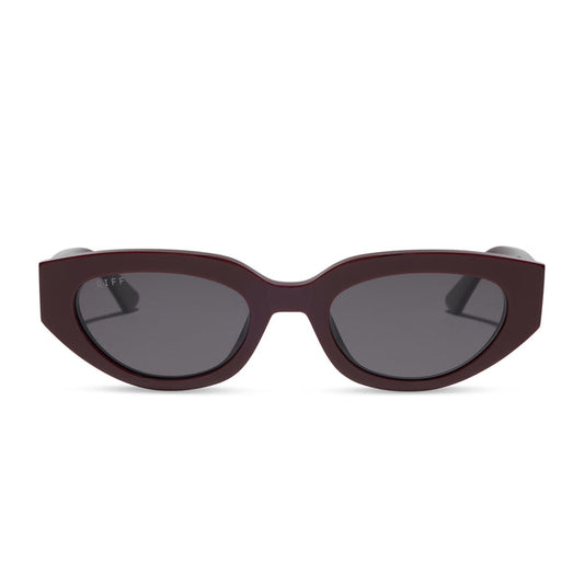 diff eyewear x jessie james decker crystal cat eye sunglasses with a burgundy red acetate frame and grey gradient polarized lenses front view