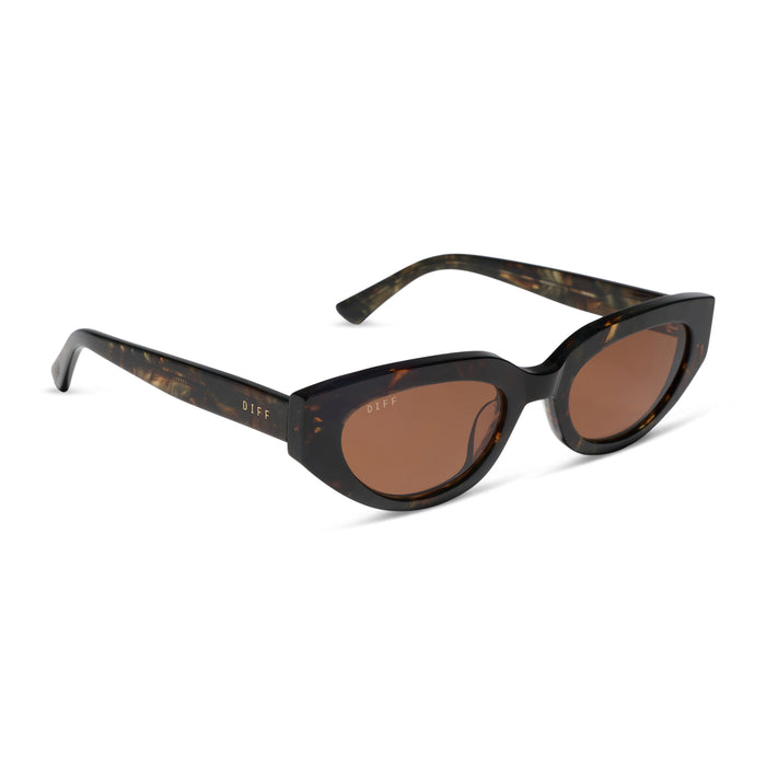 diff eyewear x jessie james decker crystal cat eye sunglasses with a koa tortoise acetate frame and brown lenses angled view