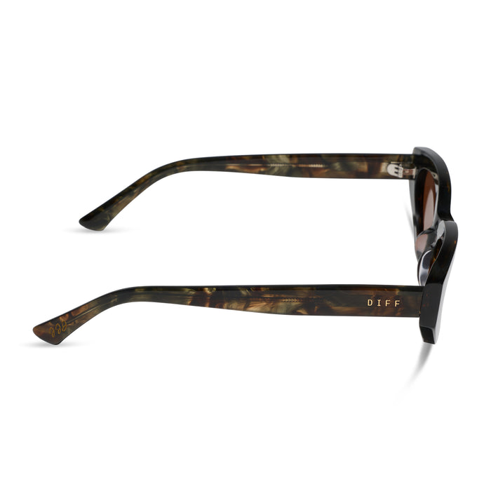 diff eyewear x jessie james decker crystal cat eye sunglasses with a koa tortoise acetate frame and brown lenses side view