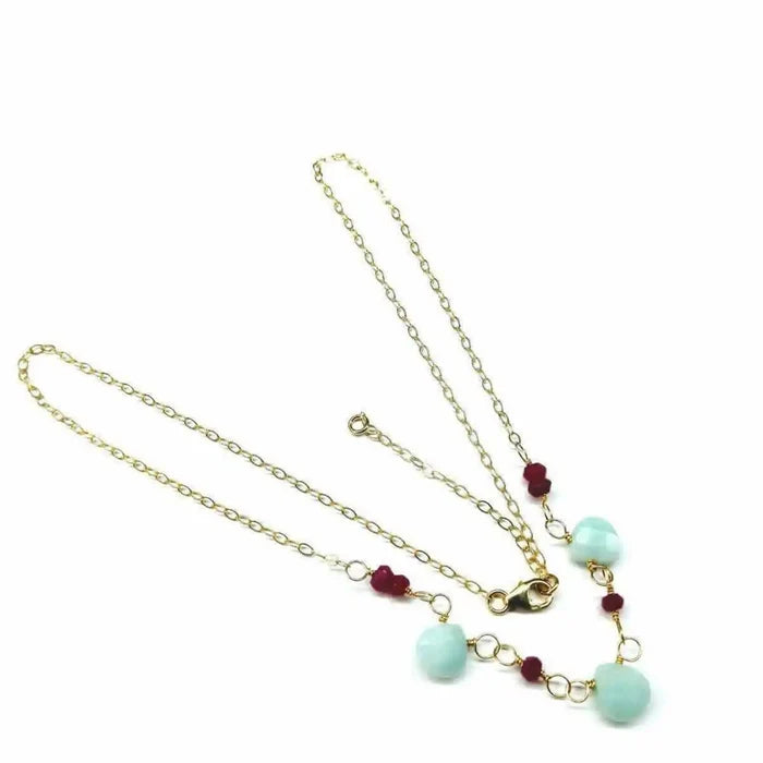 Dainty Gold Chain Mint and Hot Pink Gemstone Necklace featuring mint amazonite and hot pink chalcedony gemstones.