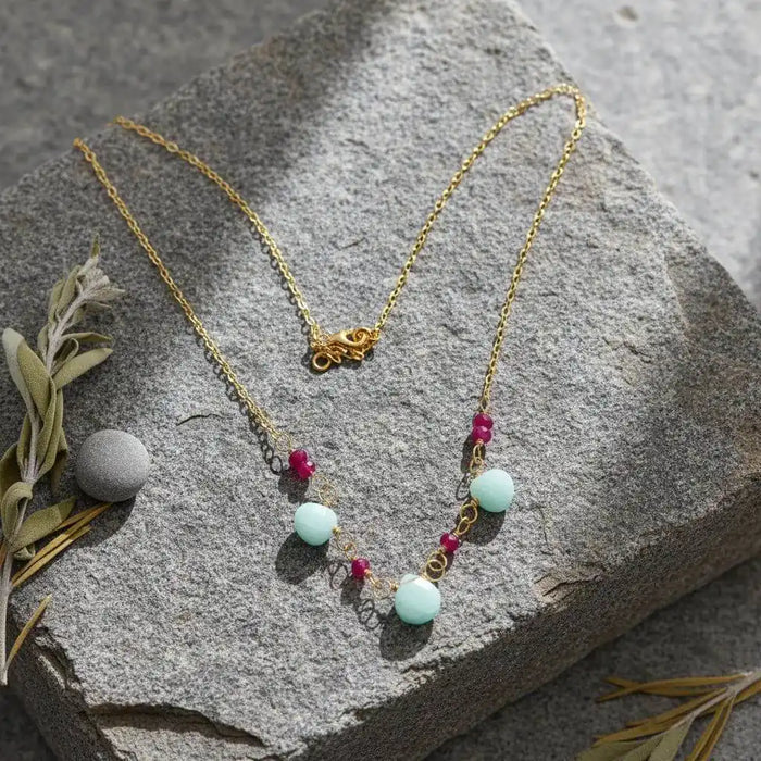 Dainty Gold Chain Mint and Hot Pink Gemstone Necklace with mint amazonite and hot pink chalcedony gemstones.