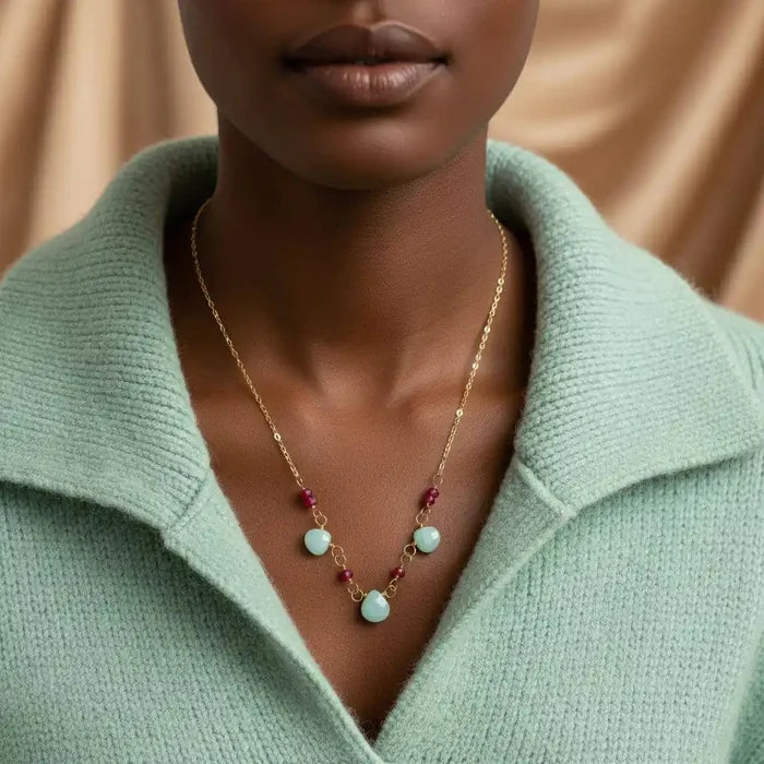 Dainty Gold Chain Mint and Hot Pink Gemstone Necklace worn, featuring mint amazonite and hot pink chalcedony gemstones.