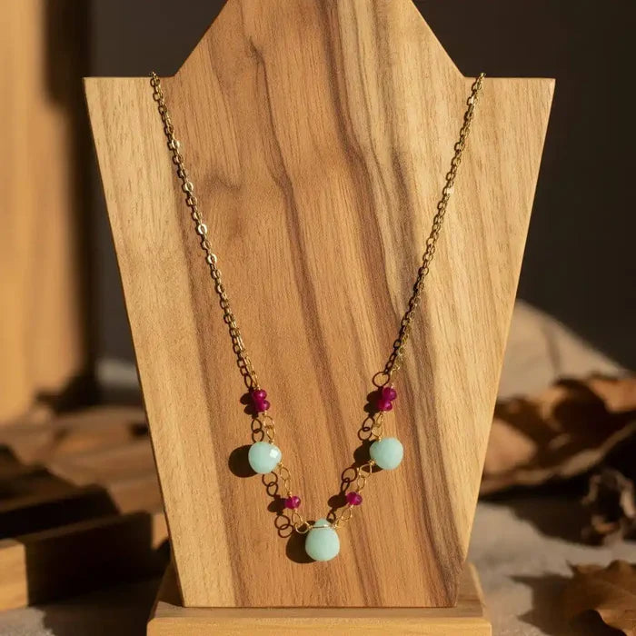 Dainty Gold Chain Mint and Hot Pink Gemstone Necklace featuring hot pink chalcedony and mint amazonite gemstones.