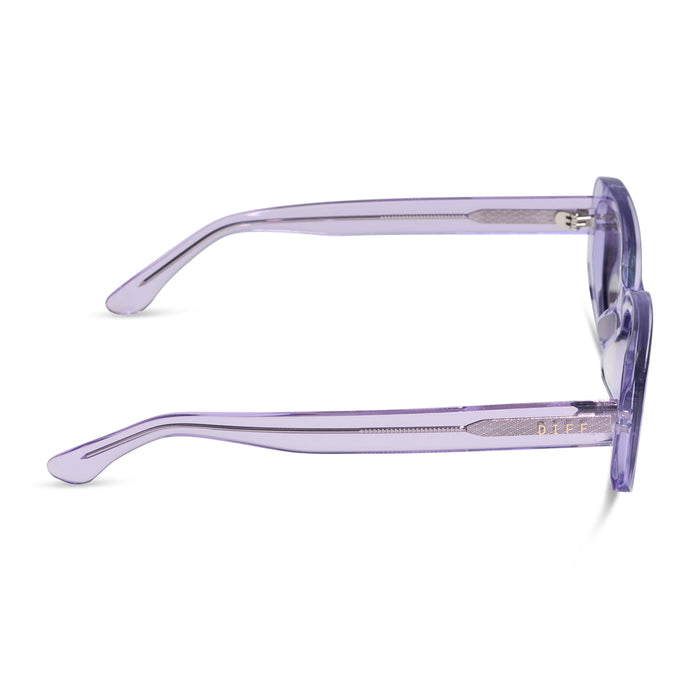 diff eyewear daphne ii low profile square sunglasses with a lilac crystal purple acetate frame and grey lenses side view