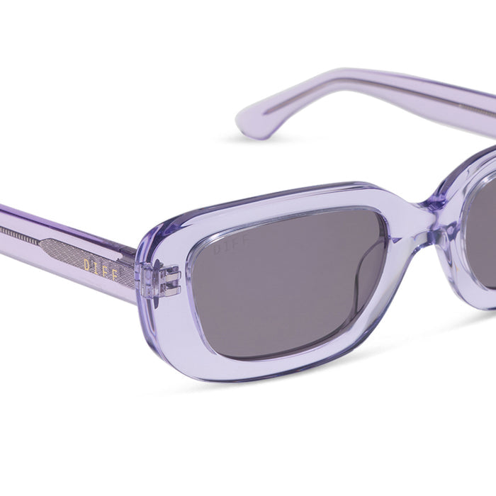 diff eyewear daphne ii low profile square sunglasses with a lilac crystal purple acetate frame and grey lenses detailed view