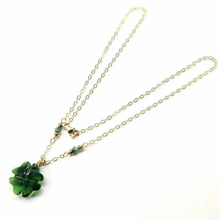 Dark Green Sparkly Crystal Lucky Clover Necklace with delicate chain and clover pendant.