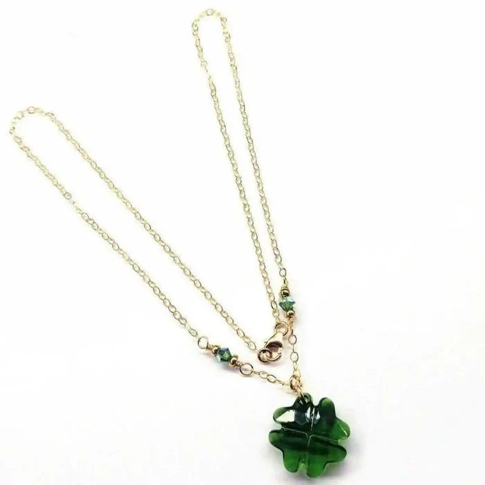 Dark Green Sparkly Crystal Lucky Clover Necklace featuring a 19mm Erinite Swarovski Crystal Clover bead.
