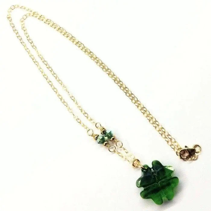 Dark Green Sparkly Crystal Lucky Clover Necklace with Erinite Swarovski Crystal and gold chain.