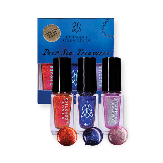 Deep Sea Treasures Mini Nail Lacquer Trio in front of a white background.