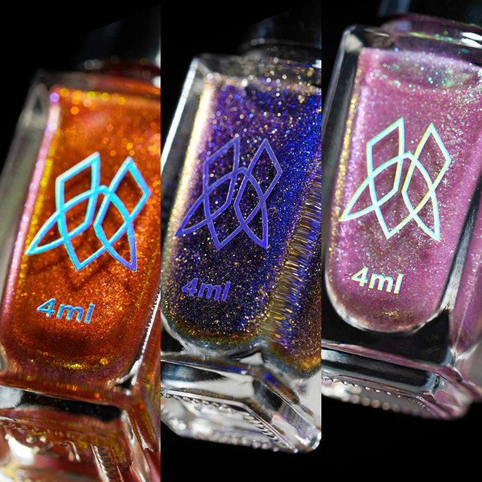 Macro shots of the 3 nail lacquer bottles included in the Deep Sea Treasures Mini Nail Lacquer Trio