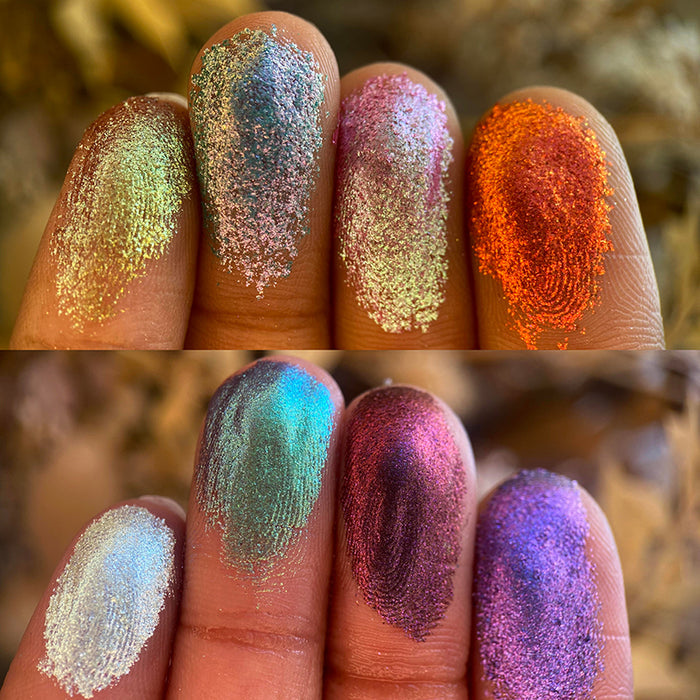 Finger swatches of all eight eyeshadows included in the Deep Sea Treasures Palette.