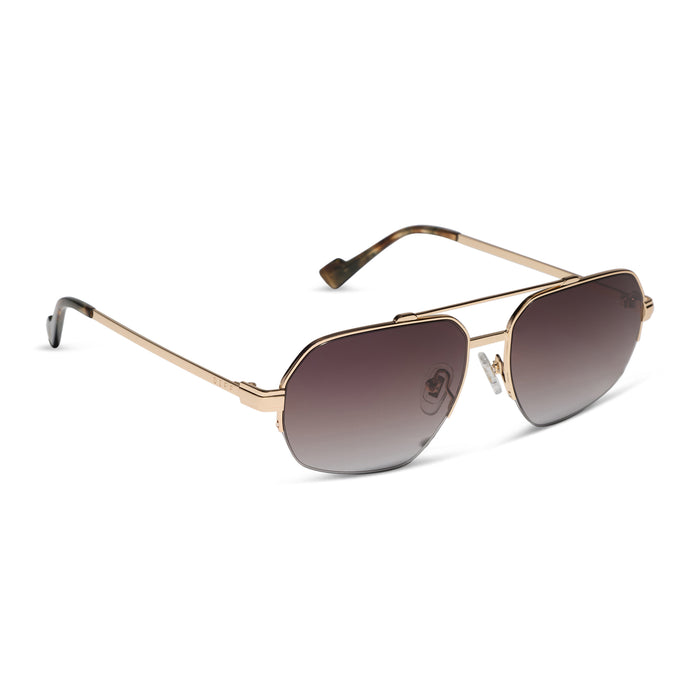 diff eyewear x jessie james decker destiny navigator sunglasses with a gold metal frame and brown gradient lenses angled view
