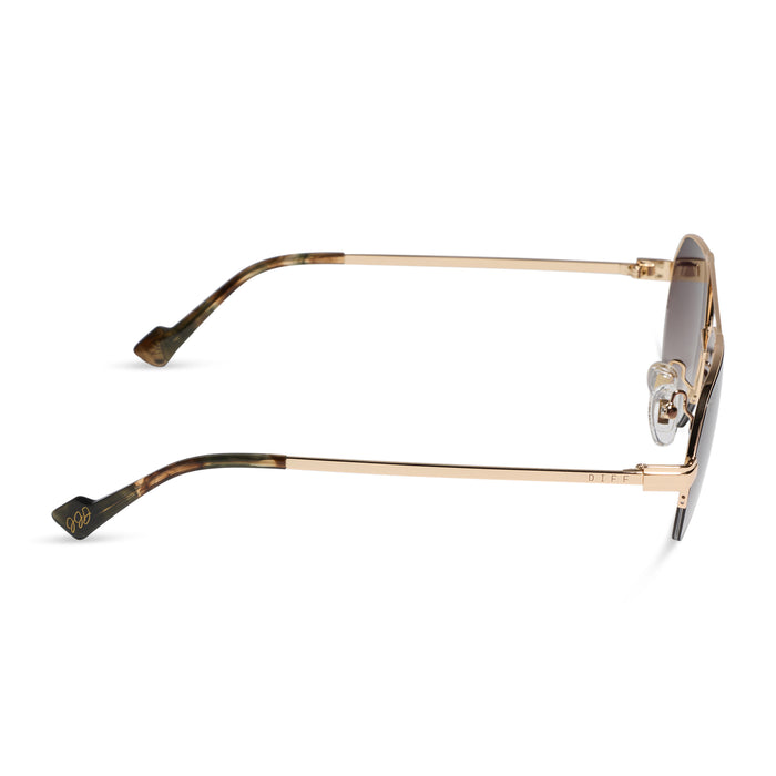 diff eyewear x jessie james decker destiny navigator sunglasses with a gold metal frame and brown gradient lenses side view