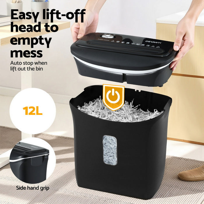 Devanti 12L Cross-Cut Shredder 8-Sheet Paper Home Office Credit Card - Devanti