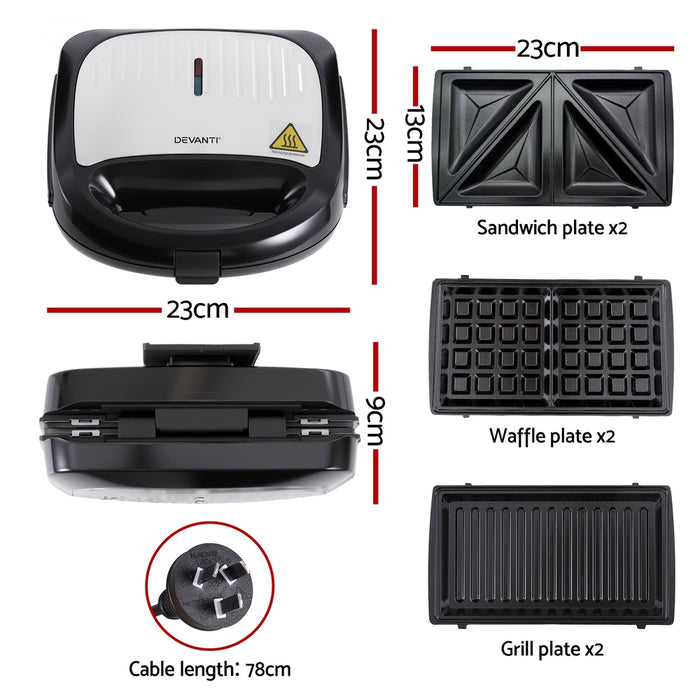 Devanti 3-in-1 Sandwich Press Waffle Maker Panini Press Grill 850W - Devanti