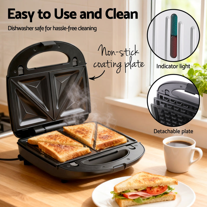 Devanti 3-in-1 Sandwich Press Waffle Maker Panini Press Grill 850W - Devanti
