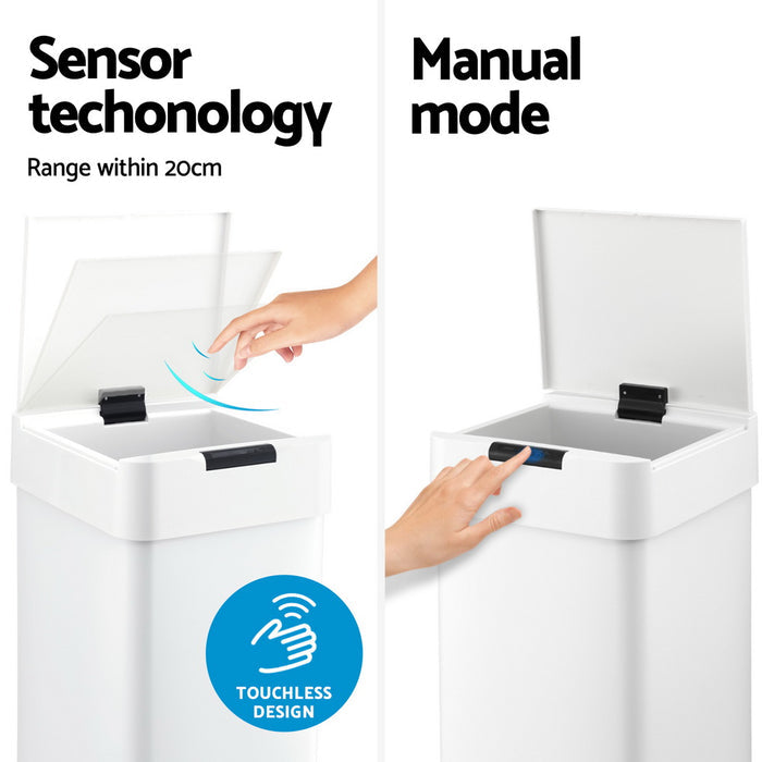 Devanti 50L Sensor Bin Motion Rubbish Bins Kitchen Automatic Trash Can White - Devanti