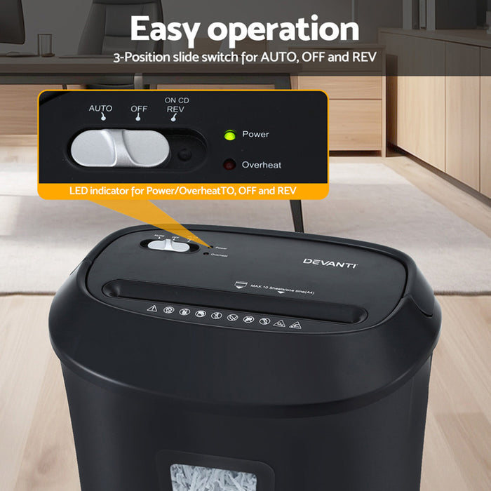 Devanti Electric Paper Shredder for Home Office 10 A4 Paper Sheet Cross-Cut Paper - Devanti
